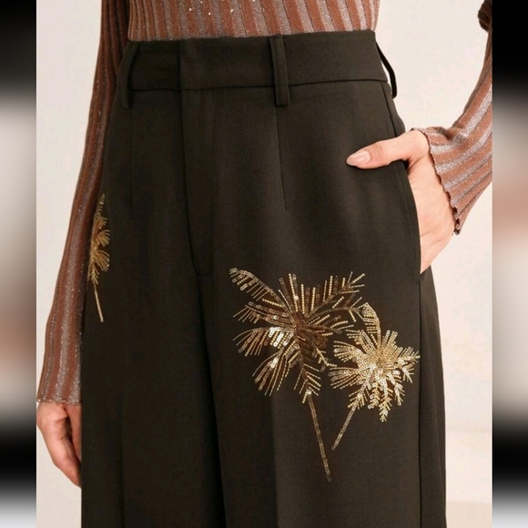 Straight-Leg Gold Palm Tree Beaded High Waisted Pants, New Year's Women - Picture 5 of 5